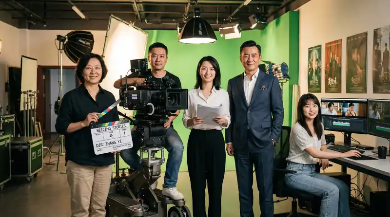 小蓝视频专业影视制作团队在现代化摄影棚中合影，展示导演、摄影师、编剧、制片人和剪辑师