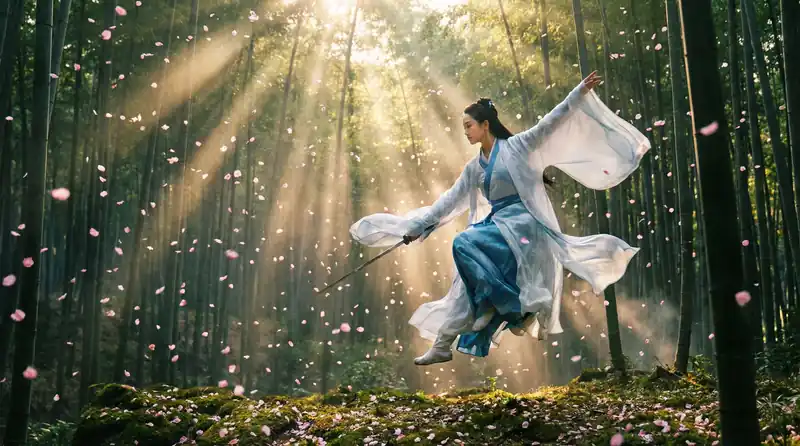 小蓝视频精彩影片预告片画面，竹林中女侠飞身舞剑